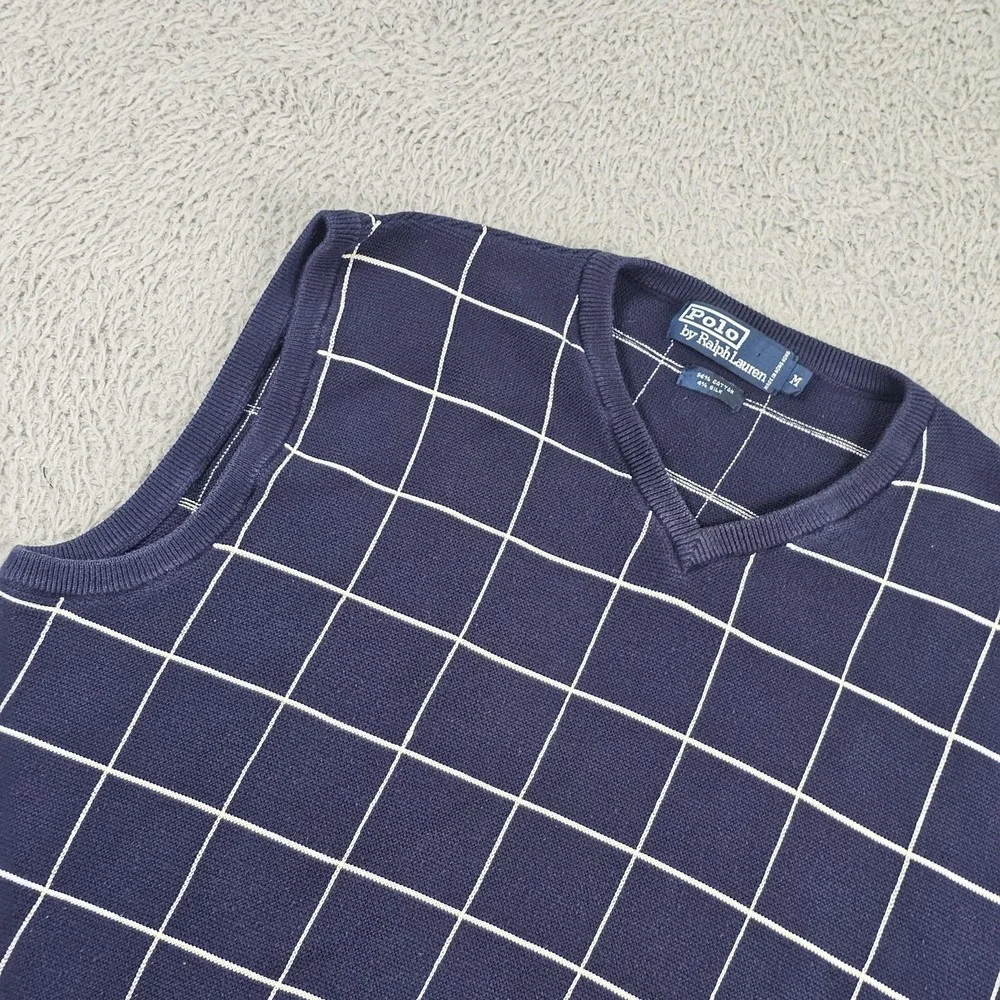 Vintage Polo By Ralph Lauren Sweater Vest Mens Medium Blue Windowpane V Neck 90s